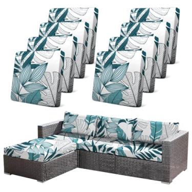 Imagem de CALBODE Capa de almofada elástica para pátio, 8 peças, capas de substituição para ambientes internos e externos, capa de assento de cadeira azul com estampa botânica e protetor de móveis (apenas capa)