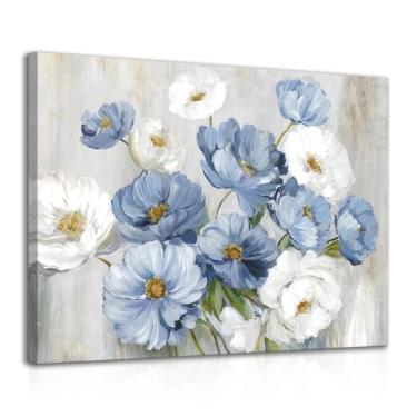 Imagem de Dazzlewall Quadro de Parede Floral Azul Branco, Quadro de Flor Em Aquarela para Decoração de Quarto de Banheiro Sala de Estar 12x16 polegada