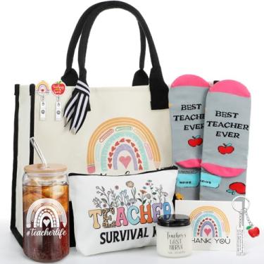 Imagem de Skylety Conjunto de 9 peças de presente para professores para mulheres, trapézio, supermercado, lona, sacola com alça, jarra de vidro, copo perfumado, vela, carretel, meias, presente de agradecimento