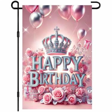 Imagem de BlissYard Feliz aniversário bandeira de jardim 30,5 x 45,7 cm rosa balões coroa rosas glitter bandeiras decorativas ao ar livre bandeira dupla face festa de aniversário bandeira de boas-vindas para