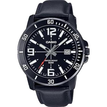 Imagem de Casio MTP-VD01BL-1BV Relógio masculino Enticer preto IP pulseira de couro preto mostrador preto casual analógico esportivo, Preto, Movimento de quartzo