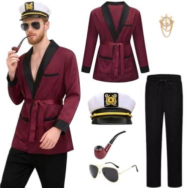 Imagem de Kicpot Roupão vermelho sedoso masculino conjunto de fantasia de capitão Halloween roupas de pijama adulto masculino feminino chapéu de marinheiro óculos de sol, Vermelho, GG