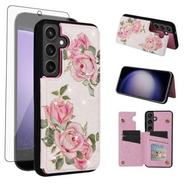 Imagem de Asuwish Capa de telefone para Samsung Galaxy S24 FE 5G carteira celular com protetor de tela de vidro temperado flor luxuosa porta-cartão de crédito suporte suporte S 24 EF AI S24FE 24S mulheres