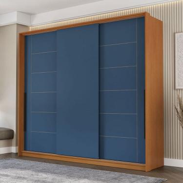 Imagem de Guarda-Roupa Casal Lisboa 3 Portas 4 Gavetas Freijó/Azul - Politorno