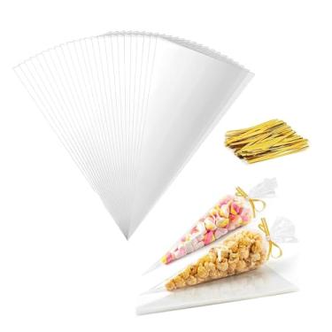 Imagem de SQXBK 200 peças de sacos de doces de cone triangular OPP de grau alimentício 130 mm bolsa de embalagem transparente descartável para armazenar suprimentos de panificação presentes