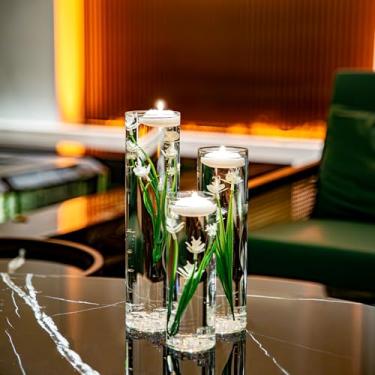 Imagem de Conjunto branco de velas flutuantes para vaso de vidro de orquídea artificial, Phalaenopsis quase natural para mesa de centro de mesa, casamento ou festa na piscina, cozinha, banheiro, bar