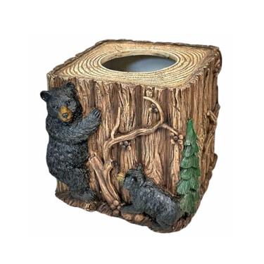 Imagem de Woodland Bears Around The Tree Square Tissue Box Cover – Suporte de tecido com tema de urso de resina rústica para decoração de cabine e chalé