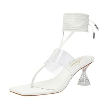 Imagem de Sandálias femininas de salto quadrado aberto com cadarço e salto com tiras, sandálias sexy de amarrar e salto grosso para festa de casamento, Branco, 35 BR