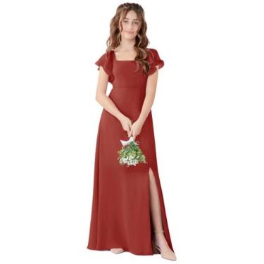 Imagem de Vestido de dama de honra Jirocum Chiffon A Line com fenda em terracota