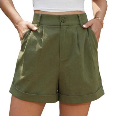 Imagem de Shorts Jouica Amy Green Casual Roll Up de algodão plissado e linho