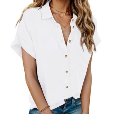Imagem de Camisa feminina HOTOUCH de linho branca de manga curta casual solta