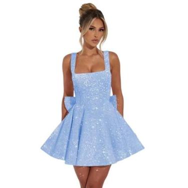 Imagem de Vestido de boas-vindas Dessiny azul claro com gola quadrada de lantejo