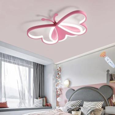 Imagem de Borboletas De Luz De Teto Led Modernas 45w Dimmable Acrílico Chindren's Room Luminária De Teto De Metal Com Lustres Remotos Iluminação De Teto Para Quarto De Crianças Quar, Pink, 50 * 36cm