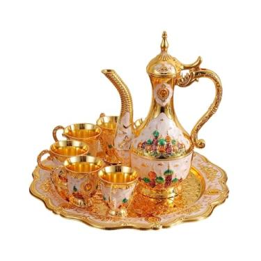 Imagem de ＫＬＫＣＭＳ Conjunto de bule de café turco, kit de bule de vinho de metal de liga de zinco, design vintage com 6 xícaras e bandeja de chá para chá, festa de, Branco