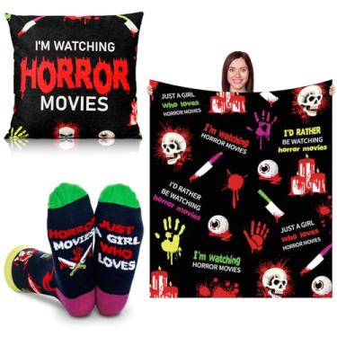 Imagem de Hercicy Conjunto de 3 peças para amantes de filmes de terror para mulheres e homens, meias engraçadas, capas de almofada e cobertores para Natal, aniversário, famílias, meias, presentes, férias