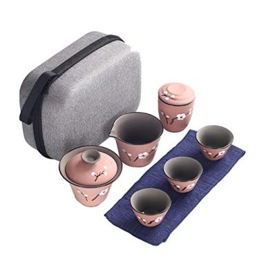 Imagem de Conjunto de chá portátil de viagem, conjunto de chá feito à mão, bule de chá, 4 xícaras de chá, recipiente de chá com bolsa de viagem, rosa (azul) (azul) (rosa)
