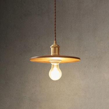 Imagem de YQSLQZZ Luminária pendente vintage japonesa, lustre de nogueira redondo simples com luzes de teto ajustáveis de altura, para sala de jantar, bar, cozinha, ilha, corredor, pia
