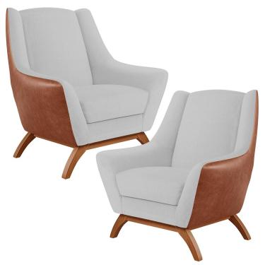 Imagem de Kit 02 Poltronas Base Em Madeira Juliet D02 Courissímo Camel  B-14 Linho Cinza D-315 - Lyam Decor