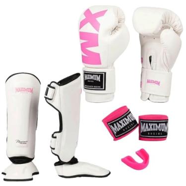 Imagem de Kit Luva de Boxe Feminina MXM Branco e Rosa + Caneleira Muay Thai Classic Branco e Rosa + Bandagem 3m + Protetor Bucal - Maximum (LUVA 10oz + CANELEIRA M)