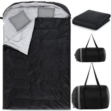Imagem de Tranqun Saco de dormir duplo para adultos, impermeável, acampamento, saco de dormir com travesseiro, tapete de barraca impermeável, forro de algodão, tapete de acampamento, acessório para clima frio e