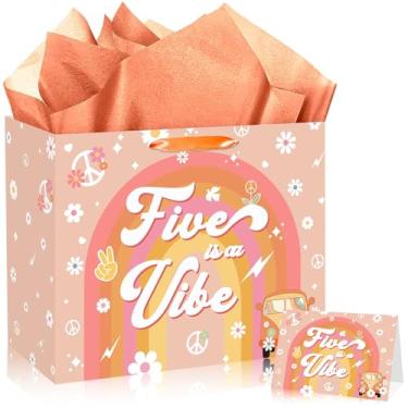 Imagem de JORHANCE Saco de presente Five Is a Vibe com papel de embrulho e cartão de aniversário – Five Is a Vibe Bolsa de presente grande com papel de seda para 5 decorações de aniversário