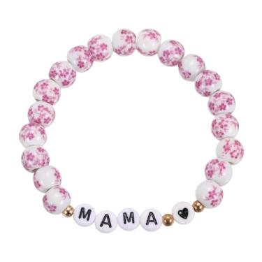 Imagem de PATIKIL Pulseira de porcelana azul e branca para mãe, pulseira de coração MAMA de cristal vintage floral com cordão elástico feito à mão com bolsa de veludo para presentes de Dia das Mães, coração