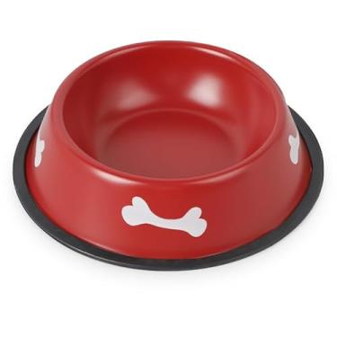 Imagem de Kit 2 Comedouros 150ml 500ml 700 ml Inox Tigela Pote Ração Água Cão Pequeno Médio Grande Gato Colorido Estampado Osso Antiderrapante (Vermelho, 500 ml)