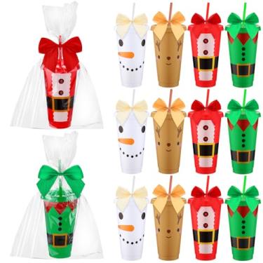 Imagem de Potchen 12 peças de copos de café de plástico reutilizáveis com glitter de Natal a granel 680 g Copos de boneco de neve Feliz Papai Noel com tampas e canudos, saco de laço, presente de Natal para