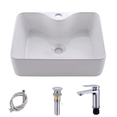 Imagem de HLBLFY Pias de vaso e torneira combinadas - 40,64 x 30,48 cm, retângulo acima do balcão de porcelana branca moderna pia de arte com furo de torneira combinando conjunto de ralo pop-up