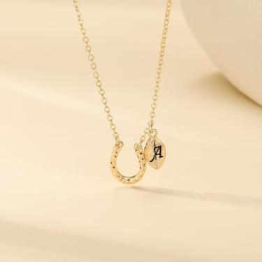 Imagem de Colar feminino banhado a ouro 14K – 40,6 cm + 6,5 cm pingente delicado de folha de ferradura alfabeto A-Z, hipoalergênico personalizado, não mancha, presentes de aniversário de Natal joias modernas