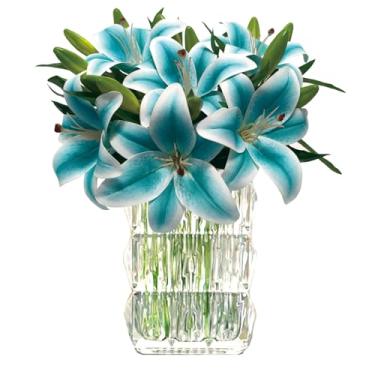 Imagem de Flores de lírio azuis artificiais, buquê de lírio artificial de látex de toque real, flores falsas, para casamento, mesa central, decoração de casa, pacote com 6 peças + suporte de haste espiral