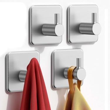 Imagem de Ganchos adesivos de parede resistentes de 13,6 kg (máximo), pacote com 4 cabides de aço inoxidável sem danos para pendurar casaco, chapéu, roupão de toalha, gancho impermeável à prova de óleo à prova