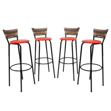 Imagem de Kit 4 Banquetas Altas 80cm Estrutura Preta Encosto Junco Cappuccino Ideal P/Bancada Cozinha Americana Bares Balcão Itagold (Assento Vermelho)