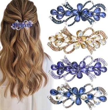 Imagem de 4 peças, 4 cores, requintado conjunto de grampos de cabelo com flor de laço de strass para mulheres, presilhas de cabelo de cristal cintilante para mulheres, acessórios de cabelo chiques ideais para