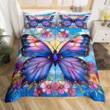 Imagem de Capa de edredom de borboleta, aquarela primavera margarida flores jardim (sem enchimento), animal sonhador geométrico vitral azul roxo conjunto de cama com 1 fronha, decoração de quarto infantil
