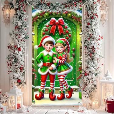 Imagem de BlissYard Capa de porta de Natal, elfos alegres, decoração de férias de inverno, 89 x 188 cm para porta da frente, decoração de faixa de varanda de feliz Natal, placa de boas-vindas, interior