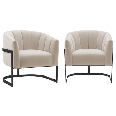 Imagem de Kit 2 Poltronas Decorativas Sala De Estar Recepção Mavie Base De Ferro Preto Linho Adj Decor Bege