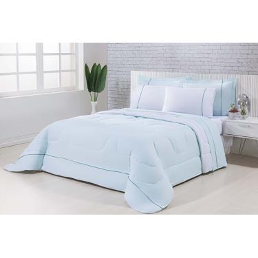 Imagem de Kit Edredom 100% Algodão Percal 150 Fios Dupla Face Solteiro Gran Moratta + Jogo De Cama 5 Peças - Verde/Branco