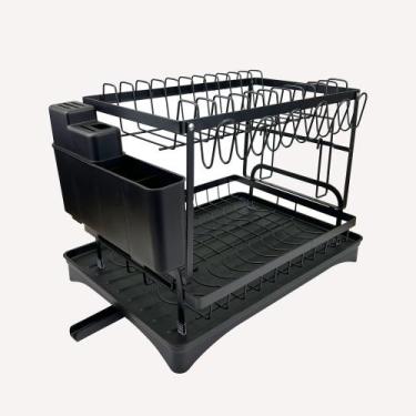 Imagem de Escorredor de Louças Pratos Grande com Bandeja Preto 2 Andares - Shopp
