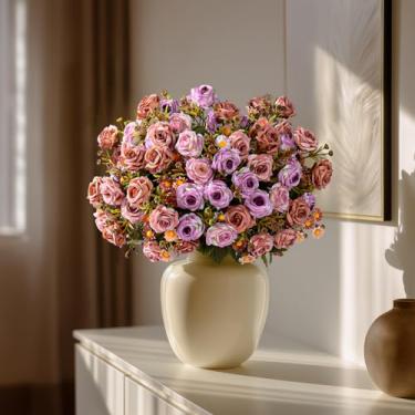 Imagem de 4 pacotes de flores de rosas artificiais para ambientes externos, ramo de rosas com margaridas, flores falsas, resistente a UV para casa, interior, exterior, jardim, varanda, janela, caixa, varanda