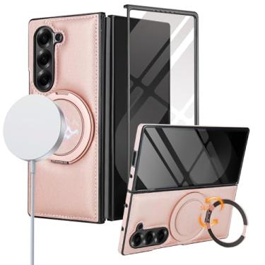 Imagem de XKchatpt Capa para Samsung Galaxy Z Fold 6, suporte giratório de 360° com protetor de tela, couro PU suporta carregamento sem fio, antichoque, capa antiqueda para Galaxy Z Fold 6 (ouro rosa)