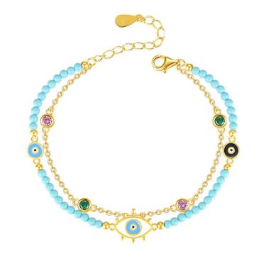 Imagem de Pulseira Evil Eye de dupla camada com miçangas turquesas para mulher