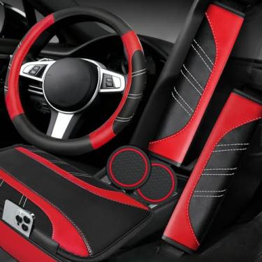 Imagem de NBTEPEM Conjunto de 6 peças de acessórios de carro vermelho, capa de volante de couro esportivo universal de 36,8-38 cm, capa de console central de carro de couro de microfibra, almofada de cinto de