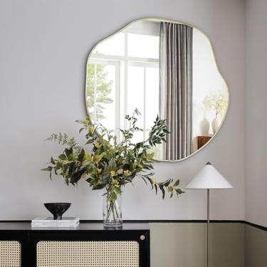 Imagem de POZINO Espelho de banheiro irregular, espelho de formato único, espelho de parede assimétrico de 76 cm, espelho redondo moderno para sala de estar, quarto, entrada e lareira