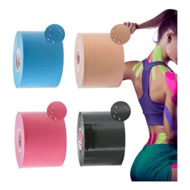 Imagem de Kit 2 Fita Bandagem Elástica Fisioterapia Taping Muscular Tape Musculação Exercícios Esporte Joelho Coluna Vertebral Omb