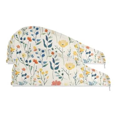 Imagem de SEHANY Toalha de cabelo de microfibra de flores coloridas elegantes para mulheres, 2 peças, turbantes de cabelo de secagem rápida com botão, touca de cabelo seco absorvente toalha de secagem de cabelo