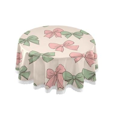 Imagem de SEHANY Toalha de mesa redonda com laço rosa de 152 cm, tecido lavável sem rugas, toalha de mesa decorativa de renda para restaurante, casamento, acampamento, festa de cinco de maio