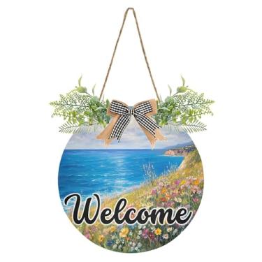 Imagem de SEHANY Placa de boas-vindas de flores e mar, decoração de porta da frente, guirlanda de boas-vindas redonda para decoração de casa de fazenda, varanda e pátio, 30 x 30 cm