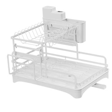 Imagem de Bothyi Escorredor de pratos de 2 níveis, cesto de drenagem prático com tubo de drenagem retrátil, escorredor de pia, organizador de escorredor de pratos para, Vermelho