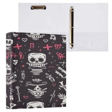 Imagem de Blueangle Fichário de 3 anéis com estampa de caveira colorida com prancheta e 2 bolsos - Organizador de documentos decorativos de 3 cm para escritório, suprimentos para reuniões (114)
